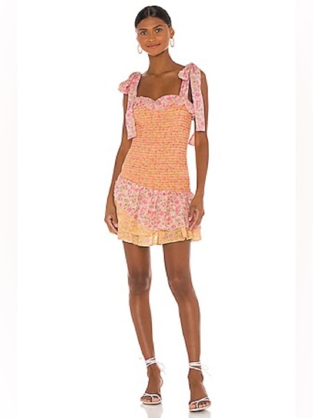 LoveShackFancy Aya Chateau Rose Pink & Yellow Smocked Tie-Shoulder Mini Dress- S